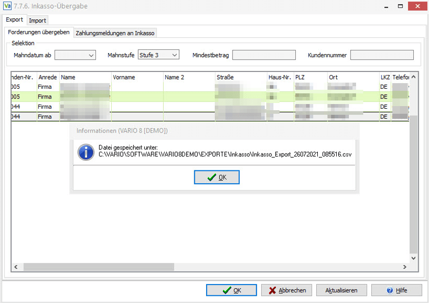 Inkasso-Übergabe - Export - Datei gespeichert