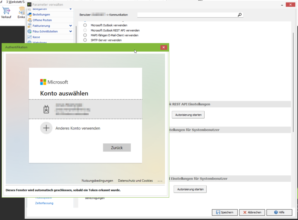 Dialogfenster 'Authentifikation' mit Microsoft-Anmeldung